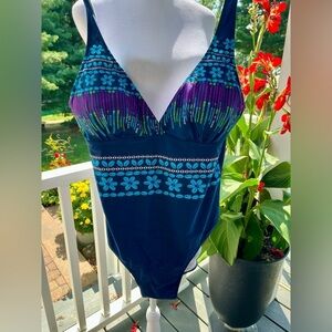 Azur Navy Blue One-Piece Swimsuit Floral Print Size 2X (runs small like XL)